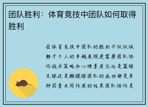 团队胜利：体育竞技中团队如何取得胜利